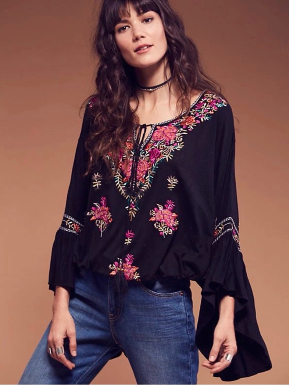 Free People Black Tunic with Pink Floral Embroidery